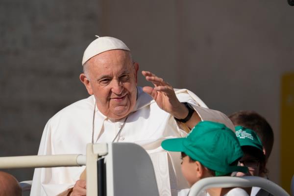Pope Francis arrives for his weekly general audience in St. Peter's Square at The Vatican, on June 7, 2023.
