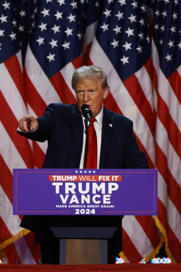 President-elect Do<em></em>nald Trump speaks from a podium at his election victory party.