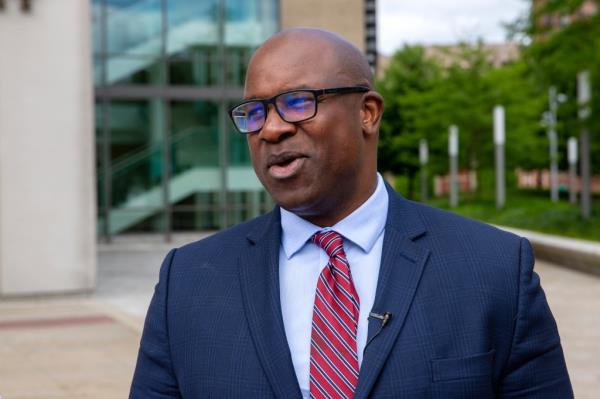 Representative Jamaal Bowman speaking at a campaign stop in White Plains, New York, ahead of the 2024 primary election.