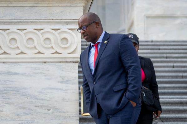 United States Representative Jamaal Bowman in a suit and tie, departing the US Capitol in Washington, DC during a vote, October 3, 2023.