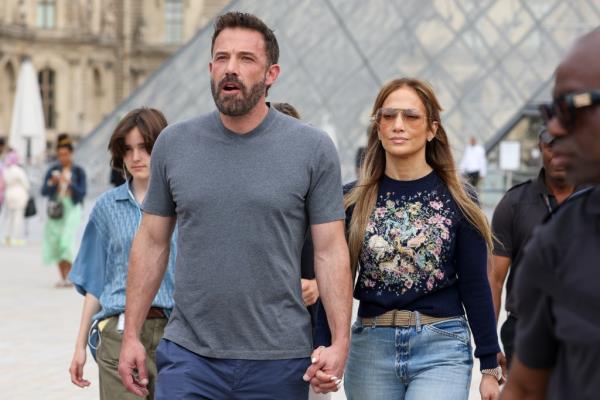 Jennifer Lopez and Ben Affleck are seen at the Louvre Museum on July 26, 2022 in Paris, France