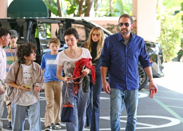 Jennifer Lopez, Ben Affleck and his son Samuel Garner Affleck at a basketball game on March 16, 2024.