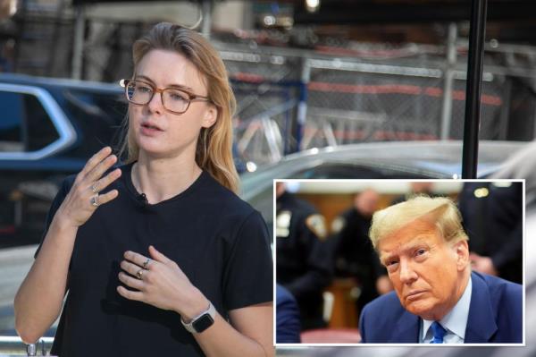 Kara McGee, a juror released from Former U.S. President Do<em></em>nald Trumpas hush mo<em></em>ney trial, speaks during an interview in front of Manhattan Criminal Court on Monday, April 16, 2024.