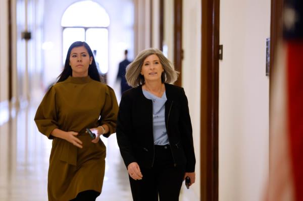 Senator Joni Ernst entering her office for a meeting with FBI Director nominee Kash Patel in the Russell Senate Office Building, Washington, DC.