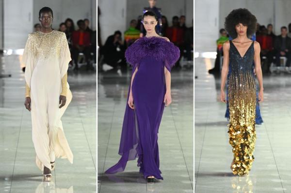 Three gowns from Naeem Khan are ivory, purple, and gold