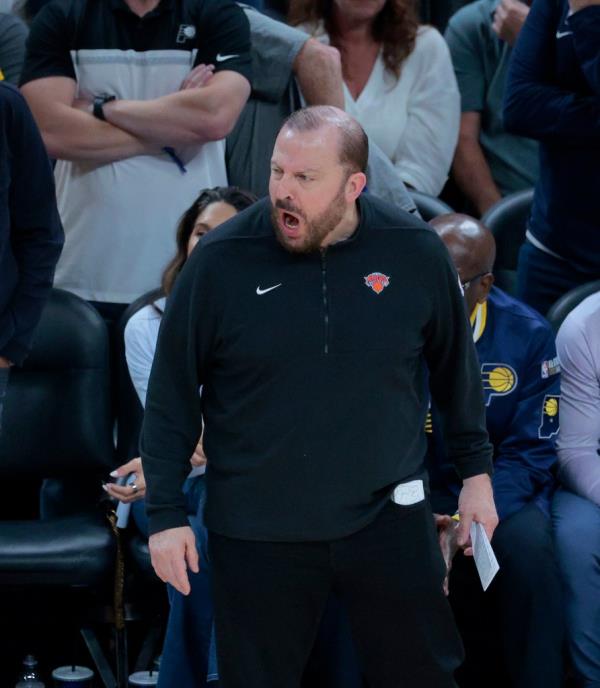 Tom Thibodeau reacts during the Knicks' Game 4 loss to the Pacers on May 12, 2024.