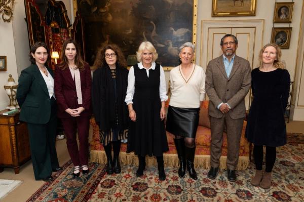 Yael van der Wouden, Rachel Kushner, Anne Michaels, Queen Camilla, Charlotte Wood, Percival Everett, and Samantha Harvey during a reception for the Booker Prize Foundation at Clarence House, London. Picture date: Tuesday November 12, 2024.