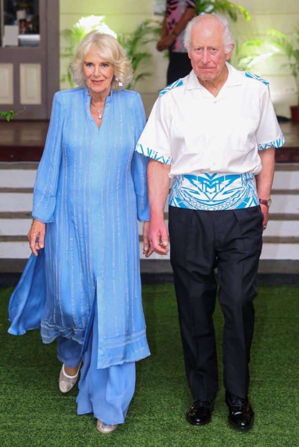 King Charles III and Queen Camilla arrive to attend the CHOGM Reception & Dinner at the Robert Louis Stevenson Museum, near Apia on October 25, 2024 in Apia, Samoa.