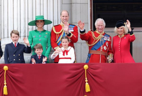 King Charles III and Queen Camilla wave alo<em></em>ngside Prince William, Prince of Wales, Prince Louis of Wales, Catherine, Princess of Wales and Prince George of Wales on the Buckingham Palace balcony during Trooping the Colour on June 17, 2023 in London, England.