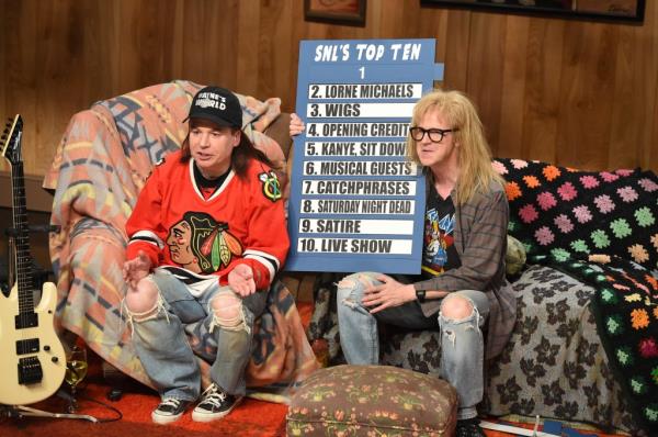 Mike Myers as Wayne, Dana Carvey as Garth during the Wayne's World skit on February 15, 2015.