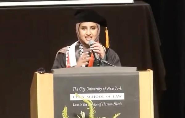 Video posted to Twitter shows CUNY Law commencement speaker Fatima Mousa Mohammed delivering her speech.