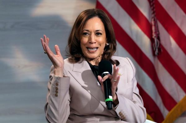Vice President Kamala Harris being interviewed by members of the Natio<em></em>nal Association of Black Journalists at a studio in Philadelphia