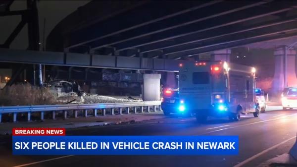 The car slammed into a Pulaski Skyway support column before catching fire.