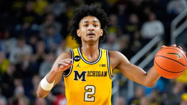 Michigan guard Kobe Bufkin (2) plays against Wisco<em></em>nsin in the second half of an NCAA college basketball game in Ann Arbor, Mich., Sunday, Feb. 26, 2023.