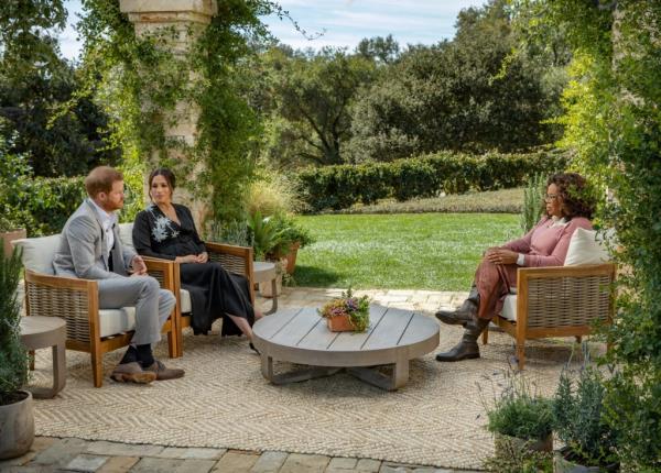 Prince Harry and Meghan, Duchess of Sussex, sitting outside for an interview with Oprah Winfrey