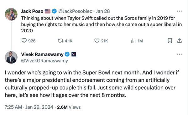 A tweet exchange between Jack Posobiec and Vivek Ramaswamy.