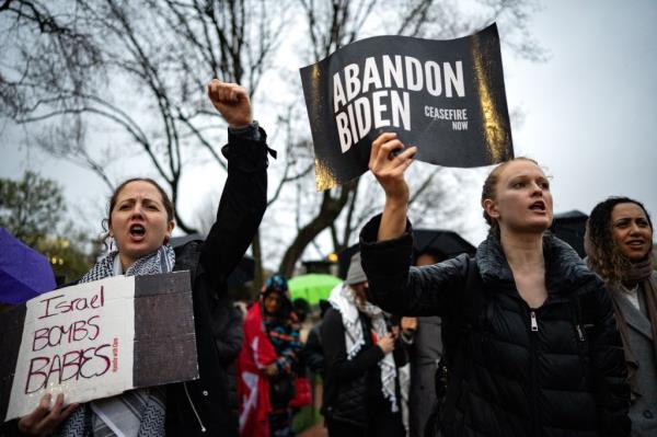 Pro-Palestinian demo<em></em>nstrators holding signs, calling for a ceasefire in Gaza during a protest outside the White House