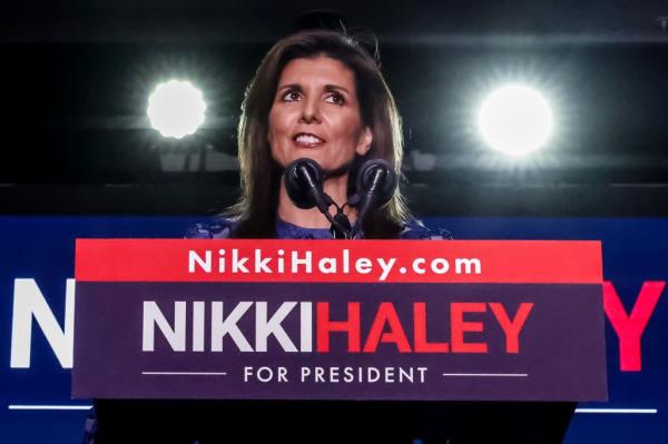 Nikki Haley speaks to supporters at the Grappone Co<em></em>nference Center on Primary Election Day in Concord, New Hampshire.