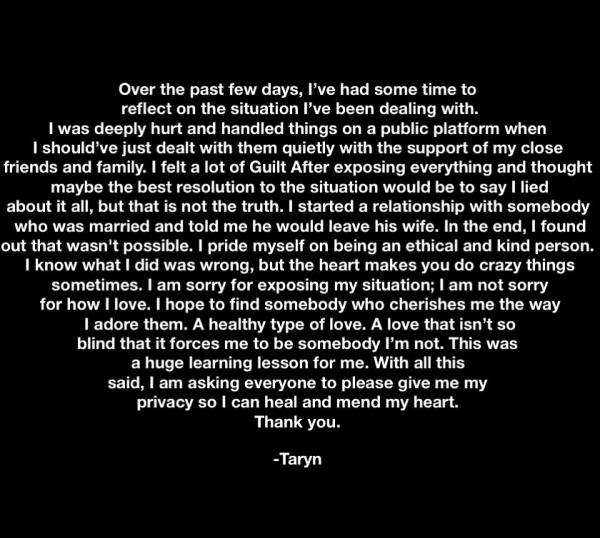 Taryn Manning's apology text post, white text on a black background. 