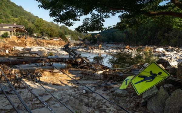 Storm damage and destruction in downtown Chimney Rock, North Carolina on October 5, 2024
