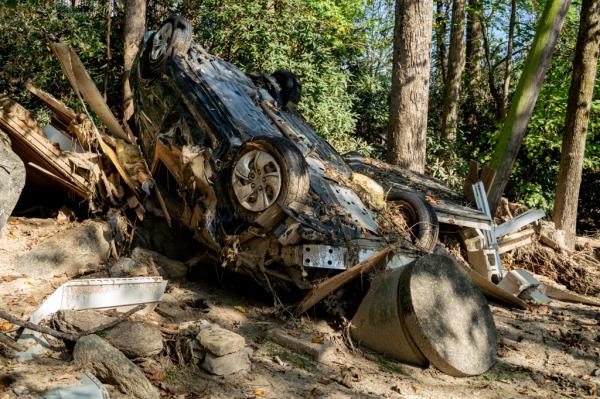 Storm damage and destruction along U.S Route 74 leading into Chimney Rock, North Carolina, taken on October 5, 2024.