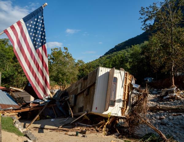 Storm damage and destruction in downtown Chimney Rock, North Carolina, on October 5, 2024