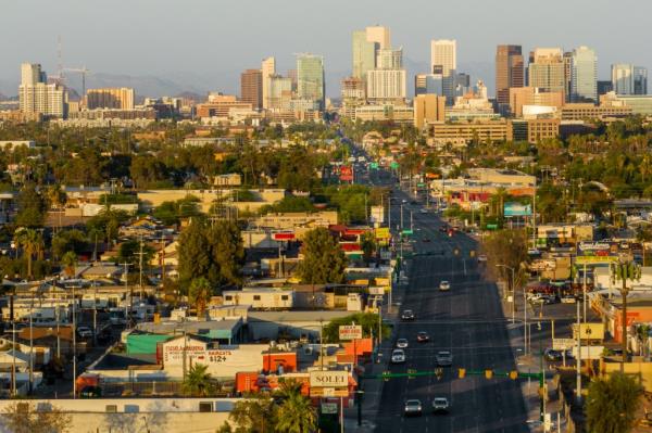 the downtown skyline is seen during a heat wave on July 15, 2023 in Phoenix, Arizona