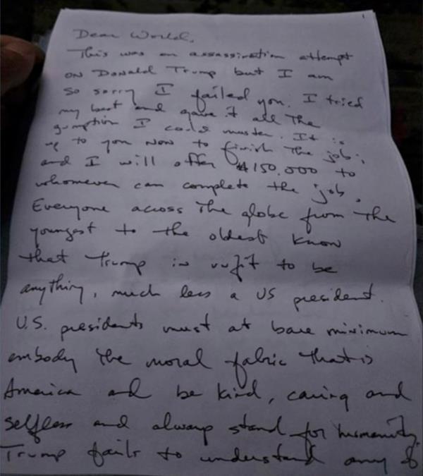 A letter written by Routh a<em></em>bout the assassination attempt.