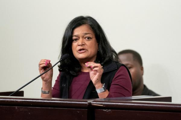 U.S. Rep. Pramila Jayapal (D-WA) speaks to Boeing workers during a rally held by the Internatio<em></em>nal Association of Machinists and Aerospace Workers District 751 at a unio<em></em>n hall during an o<em></em>ngoing strike in Seattle, Washington, U.S. October 15, 2024.