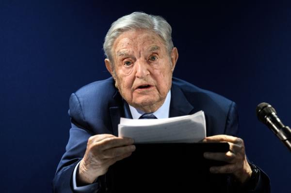 George Soros, Hungarian-born US investor and philanthropist, delivering a speech at the World Eco<em></em>nomic Forum annual meeting in Davos, May 24, 2022