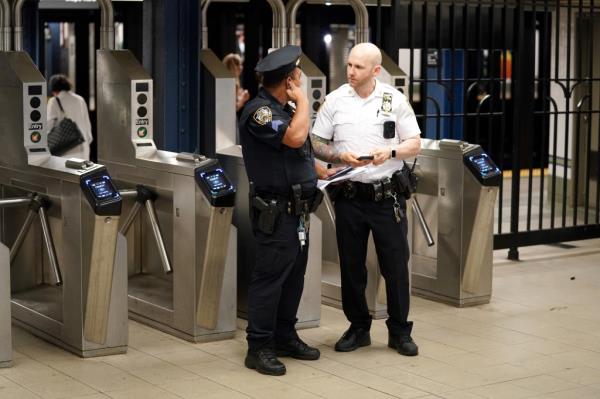 Police at the scene wher<em></em>e a person was slashed with either a bottle or an unknown object inside the subway station at Broadway and W28th Street in New York, NY around 1:30 a.m. on September 3, 2023.