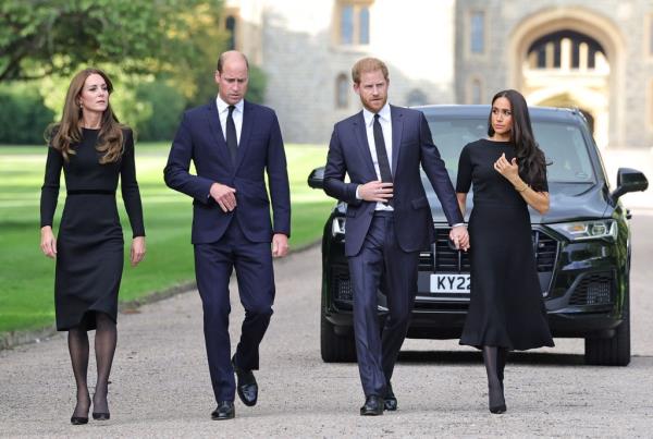 Prince William, Prince Harry, Meghan, Duchess of Sussex, and Catherine, Princess of Wales walking at Windsor Castle for King Charles III's inaugural address