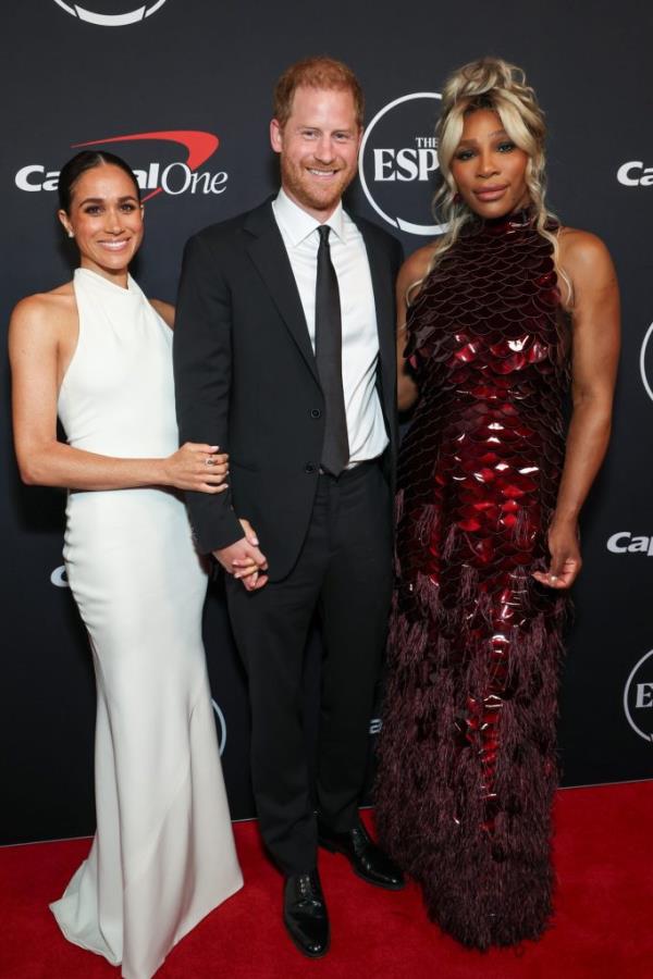 Meghan, Duchess of Sussex, Prince Harry, Duke of Sussex, and Serena Williams posing for a photo at the 2024 ESPY Awards in Hollywood, California