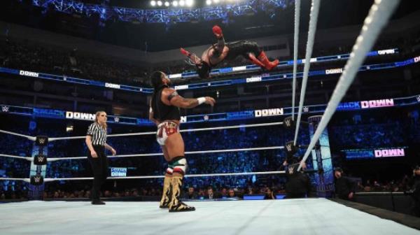 WWE Hall of Famer Rey Mysterio beats Santos Escobar to retain the United States Champio<em></em>nship on SmackDown in September 2023