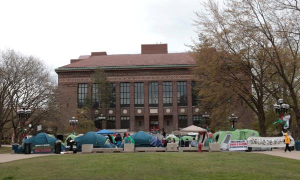 University of Michigan students camping in tents on campus as part of a protest against university investments related to Israeli-Palestinian conflict