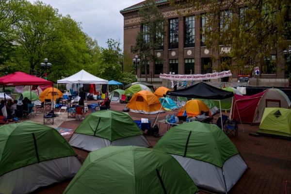 Gaza Solidarity encampment co<em></em>nsisting of multiple tents on the University of Michigan campus on May 4th, 2024.