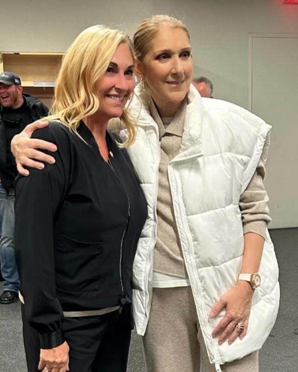 Celine Dion with the team's VP of hockey communications, Chantal Machabee. 