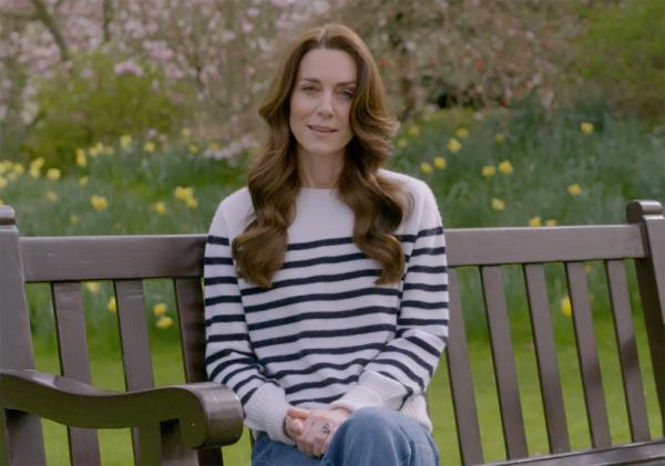 Kate Middleton sitting on a bench announcing her cancer diagnosis.