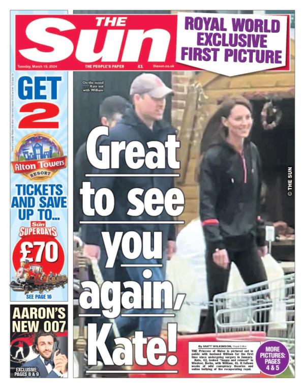 The front page of The Sun, with Kate and William shopping.
