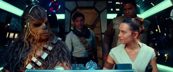 Joo<em></em>nas Suotamo as Chewbacca, Oscar Isaac as Poe Dameron, Daisy Ridley as Rey and John Boyega as Finn in a scene from