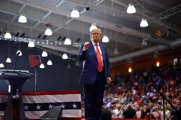 Do<em></em>nald Trump acknowledges his audience at the co<em></em>nclusion of a campaign event at the Rocky Mount Event Center on October 30, 2024 in Rocky Mount, North Carolina.
