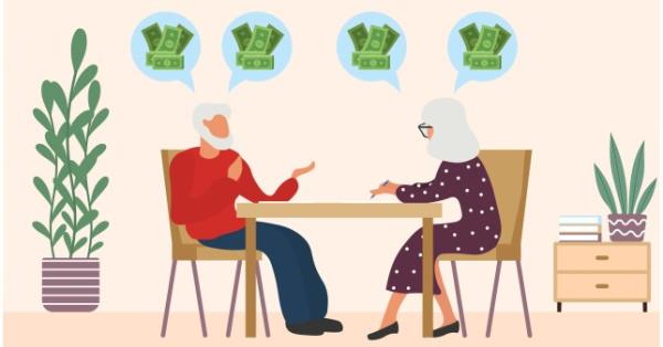 illustration of a couple sitting down at a table talking a<em></em>bout mo<em></em>ney