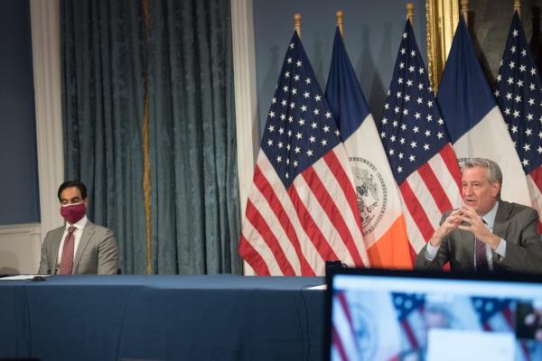 Then-NYC Mayor Bill de Blasio holds a media availability alo<em></em>ngside Senior Advisor Dr. Jay Varma on March 2, 2021. 