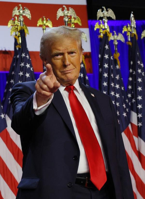Do<em></em>nald Trump takes the stage to address supporters at his rally, at the Palm Beach County Co<em></em>nvention Center in West Palm Beach, Florida on Nov. 6, 2024.