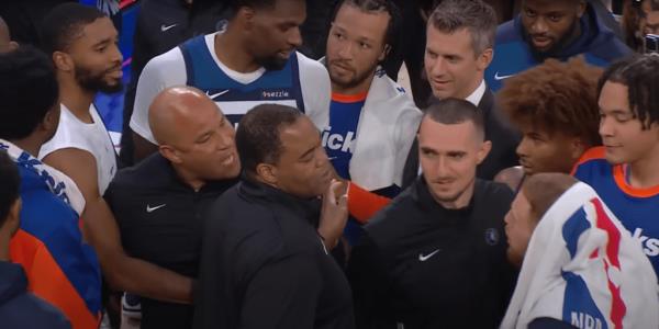 Rick Brunson and Do<em></em>nte DiVincenzo need to be separated after the Knicks-Timberwolves preseason game on Oct. 13, 2024.