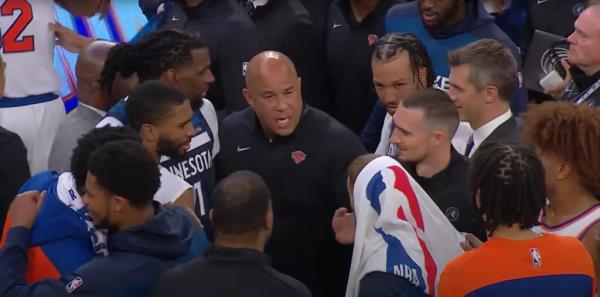 Rick Brunson and Do<em></em>nte DiVincenzo need to be separated after the Knicks-Timberwolves preseason game on Oct. 13, 2024.