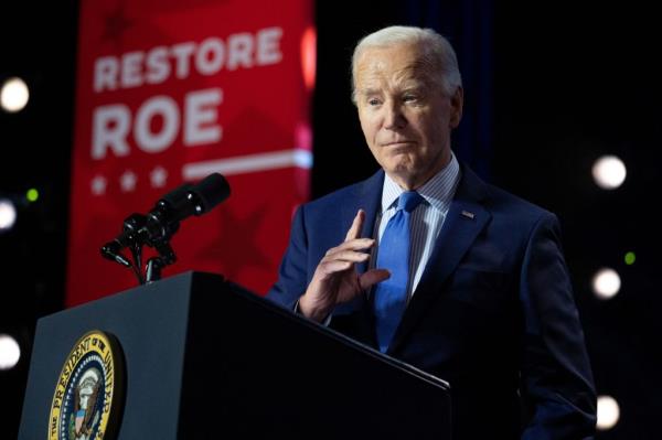 US President Joe Biden speaks during a campaign rally to Restore Roe at Hylton Performing Arts Center in Manassas, Virginia, on January 23, 2024.