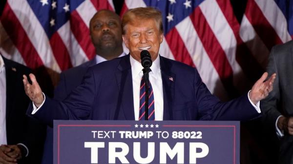 Republican presidential candidate former President Do<em></em>nald Trump speaks at a primary election night party in Nashua, N.H., Tuesday, Jan. 23, 2024.