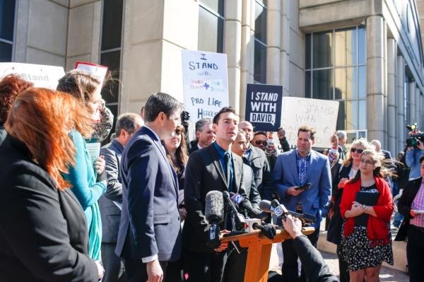David Daleiden speaking to the media outside Harris County Courthouse in 2016 after his court appearance related to a Planned Parenthood video sting