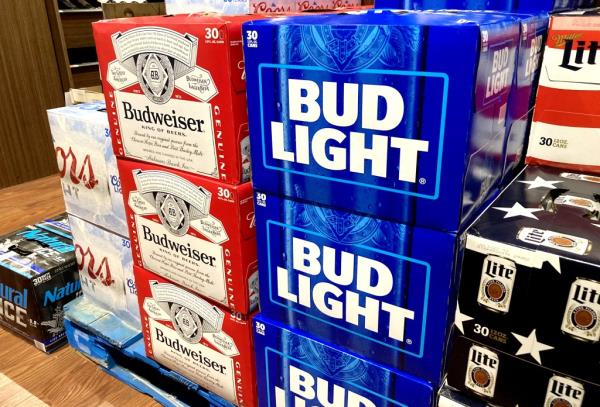 A general view of Bud Light beer cans or BudLight beer cans as seen in a liquor store.